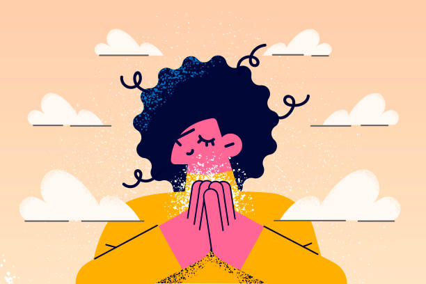 spokojna kobieta z rękami w modlitwie okazuj wdzięczność - prayer position illustrations stock illustrations