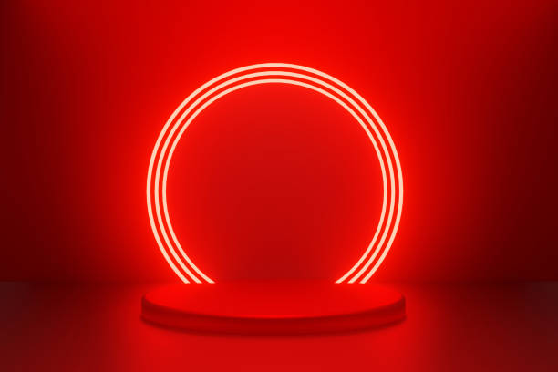 istock Abstract red product presentation platform, podium stand with neon lights 1362763415