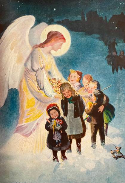 stockillustraties, clipart, cartoons en iconen met holy christmas angel and children in the snow - engelenpak