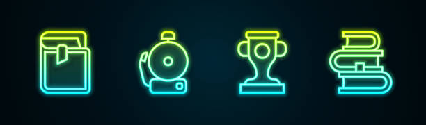 istock Set line Book, Ringing alarm bell, Award cup and . Glowing neon icon. Vector 1362764854