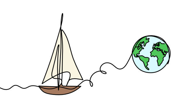 abstrakcyjna kolorowa łódź z kulą ziemską jako rysunkiem liniowym na białym tle - nave stock illustrations