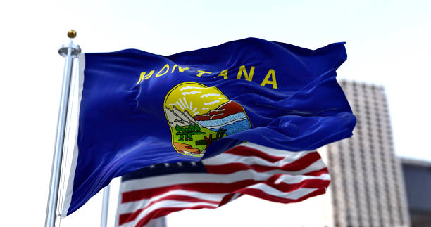 the flag of the us state of montana waving in the wind with the american flag blurred in the background - montana flag us state flag banner imagens e fotografias de stock