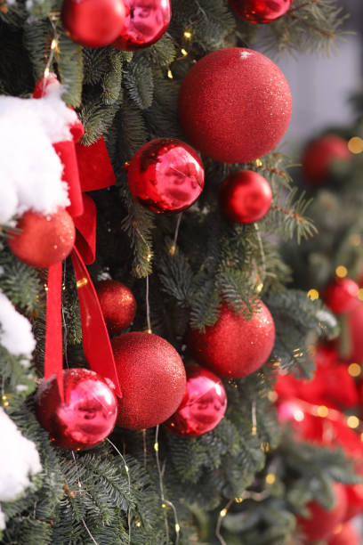 istock Decorated christmas tree with red glass balls close-up. Vertical orientation 1362770433