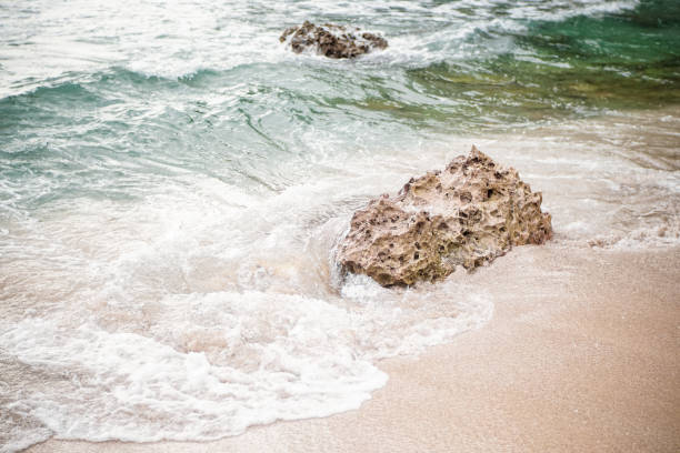 istock White coral rocks on a white sandy beach that is hit by the waves 1362770614