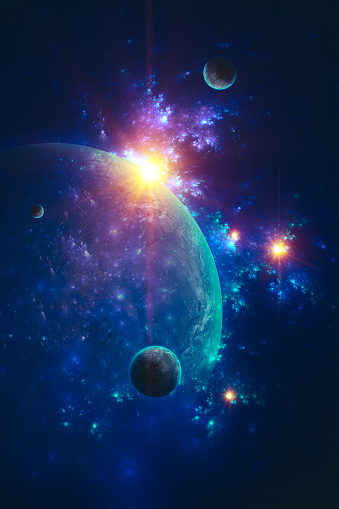 3D Rendered Galaxy Abstract Space Scene with Planets and Glowing Stars on Nebulae\n\nHigh resolution poster size 3D rendered galaxy space scene with planets. Used Cinema4D and Adobe Photoshop for generating planet and star field. Used for free or commercial usage texture from Solar System Scope site. Link is : https://www.solarsystemscope.com/textures/download/2k_haumea_fictional.jpg