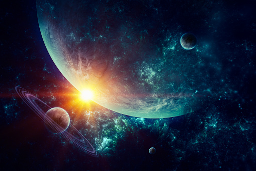 3D Rendered Galaxy Abstract Space Scene with Planets and Glowing Stars on Nebulae\n\nHigh resolution poster size 3D rendered galaxy space scene with planets. Used Cinema4D and Adobe Photoshop for generating planet and star field. Used for free or commercial usage texture from Solar System Scope site. Link is : https://www.solarsystemscope.com/textures/download/2k_haumea_fictional.jpg