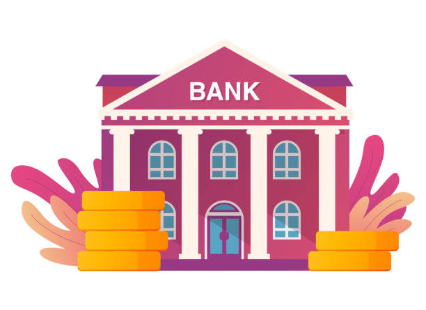 bankgebäude mit stapeln von goldmünzen. symbol für geschäftsgebäude. - bank stock-grafiken, -clipart, -cartoons und -symbole