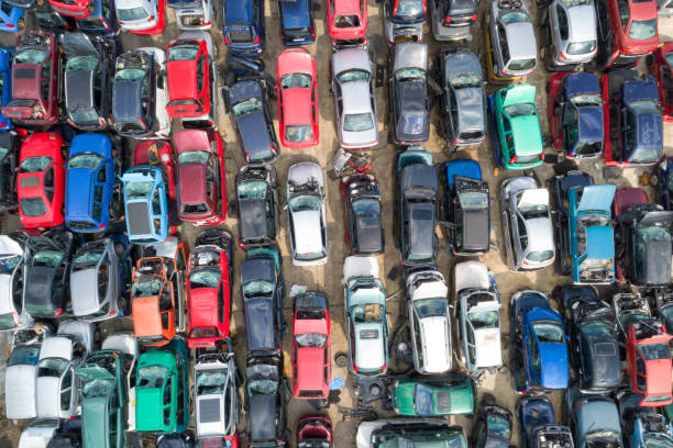 istock Crushed Cars in Scrapyard, Aerial View 1362773933