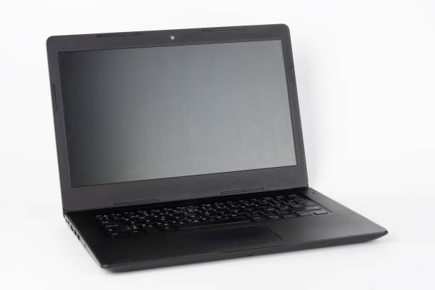 Modern, new office  black  laptop  on white background, front view stock photo