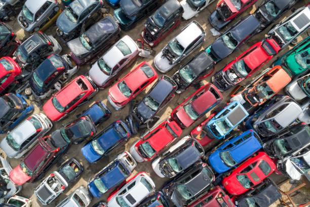istock Crushed Cars in Scrapyard, Aerial View 1362776473