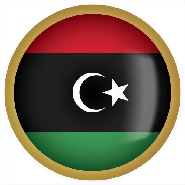 Vector illustration of Libya 3D rounded Flag Button Icon with Gold Frame