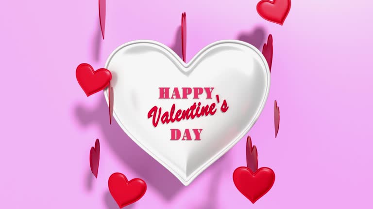 Paper Craft Valentines Day Greeting Card with Red Hearts on Purple and Happy Valentine's Day Title in 4K Resolution