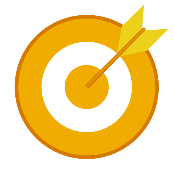 Yellow arrow hitting a target icon on white background Yellow arrow hitting a target icon on white background. Precise targeting marketing concept. Vector illustration for leaflet, web site or application archery range stock illustrations