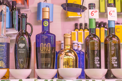 Olive Oil at Mercado Central (Central Market) in Valencia, Spain, with commercial labelling.