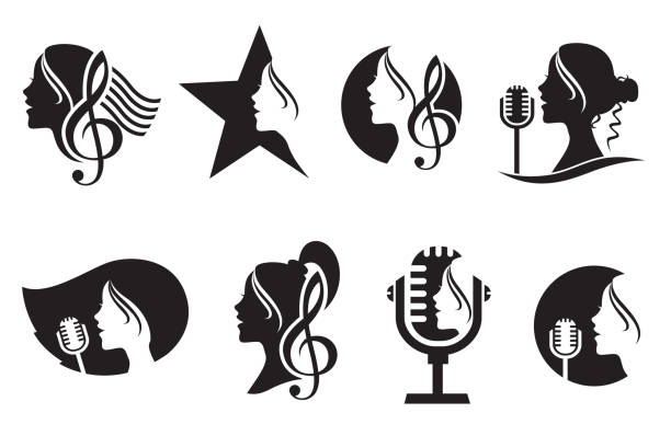 노래 하는 여자 아이콘 - silhouette singer singing group of objects stock illustrations
