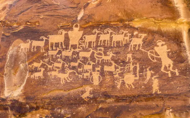 The famous Great Hunt indigenous people Petroglyph in Price, Utah