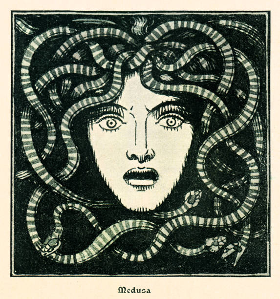 ilustrações de stock, clip art, desenhos animados e ícones de head of medusa with snakes drawing 1899 - chromolithograph