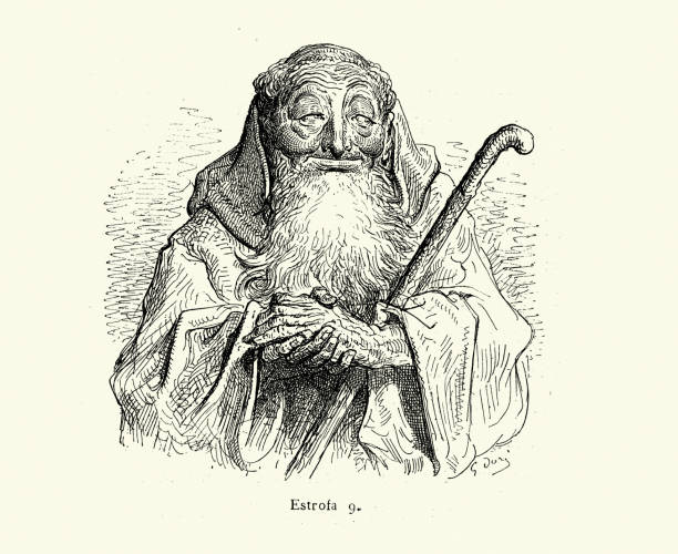 ilustrações, clipart, desenhos animados e ícones de velho sábio, ou monge cego, eremita, personagem de um romance cavalheiresco medieval - ermita