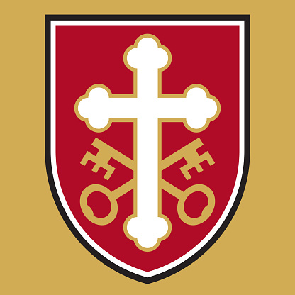 Vector illustration of ornate cross on shield design featuring the crossed keys of St. Peter.