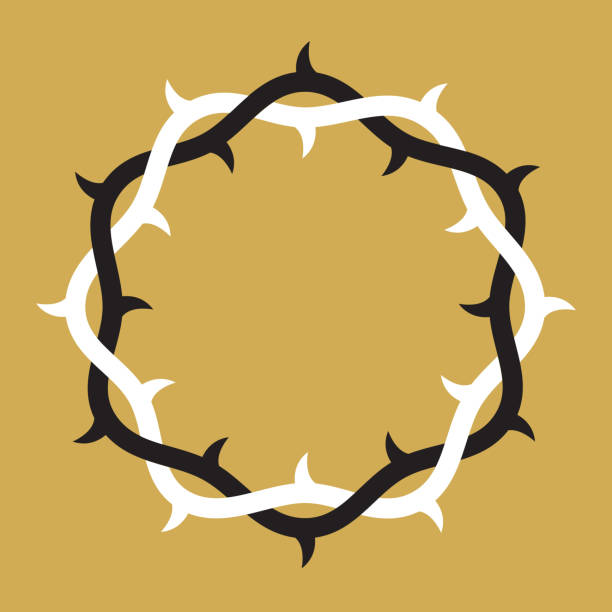 Crown or wreath of thorns badge or logo design. Vector illustration of interlocking black and white circle of thorn branches or vines. thorn wreath stock illustrations