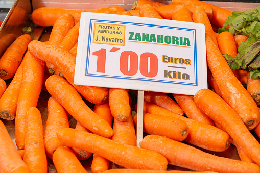 Carrots at Mercado Central (Central Market) in Valencia, Spain, with a commercial name visible