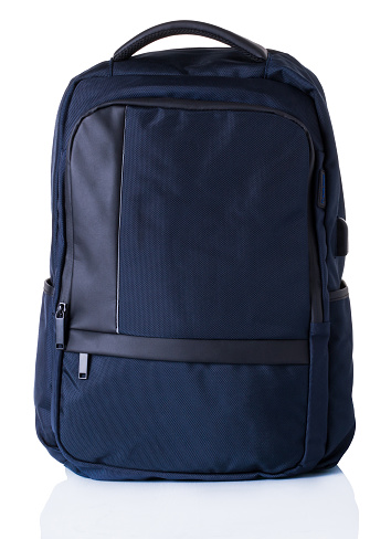 Men's dark blue backpack made of textile. A white background