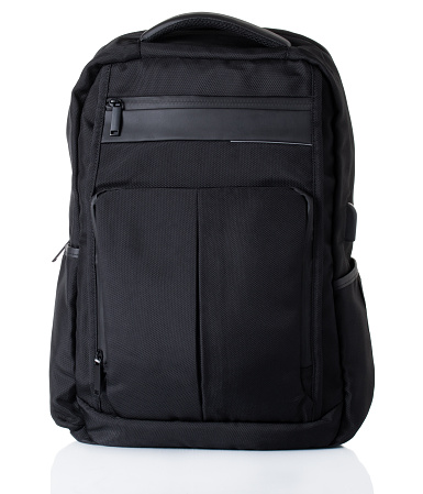 Men's black backpack made of textile. A white background