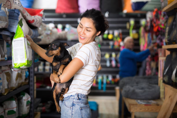 Woman choosing dog food in pet shop Asian woman with little dog in hands standing in salesroom of pet shop and choosing dog food. pet shop photos stock pictures, royalty-free photos & images