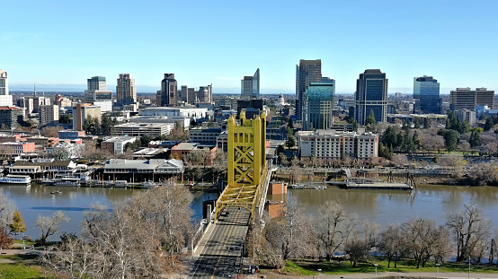 Sacramento Skyline With Tower Bridge. Capital Mall and the California Capital Building are visible in the background.