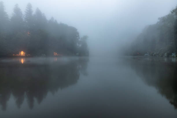 Lago Negro lake with fog, lights and reflection Lago Negro lake with fog, lights and reflection, Gramado, Rio Grande do Sul, Brazil gramado stock pictures, royalty-free photos & images