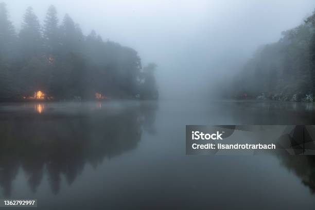Lago Negro Lake With Fog Lights And Reflection Stock Photo - Download Image Now - Gramado, Rio Grande do Sul State, Brazil