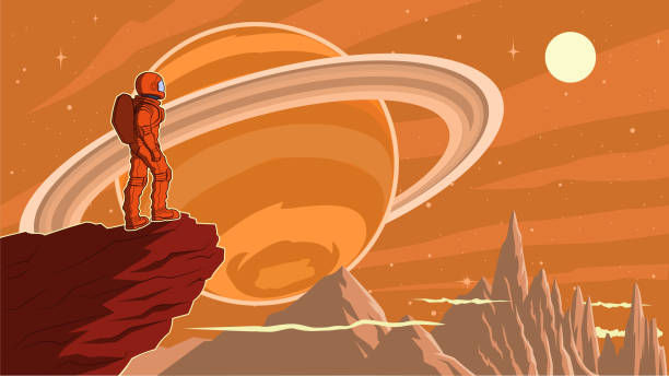 Vector Astronaut on a Planet Stock Illustration A vector illustration of an astronaut standing on a cliff overlooking scenery and outer space in the background. Wide space available for your copy. jupiter stock illustrations