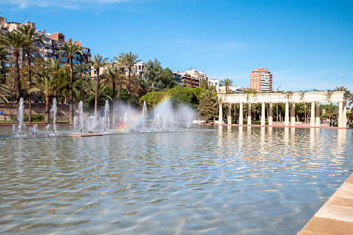 Sheltered area on an artificial lake in a Public Park in Valencia, Spain