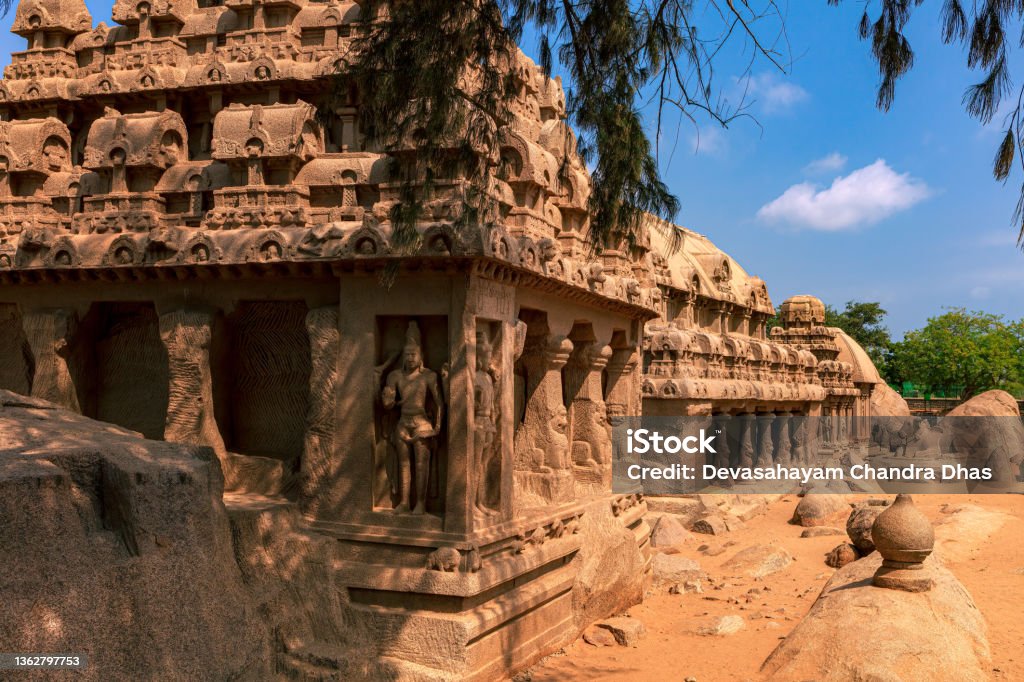 Mahabalipuram, India: Four Of The Five Pallava 7th Century Rathas Each Sculpted Out Of A Single Granite Rock, Lined Up In This Shot Image shows the Dharmaraja, Bhima, Arjuna and Draupadi Rathas all lined up. Four of the five Pancha Rathas (also known as Pandava Rathas), a monument complex at Mahabalipuram or Mamallapuram, on the Coromandel Coast of the Bay of Bengal, in the state of Tamil Nadu, India. Dating from the late 7th century, it is attributed to the reigns of King Mahendravarman I and his son Narasimhavarman I (630-680 AD) of the Pallava Kingdom. The structures are without any precedence in Indian temple architecture and are carved out of a single granite rock each. Remarkably well preserved, they withstood the ravages of the Tsunamis of the 13th Century and 2004. They however display the effects of wind and sand erosion of over one thousand three hundred years. These are not temples as they are unfinished, and were never consecrated. They are part of the UNESCO World Heritage site at Mahabalipuram. Photo shot in the afternoon sunlight; horizontal format. Mahabalipuram Stock Photo