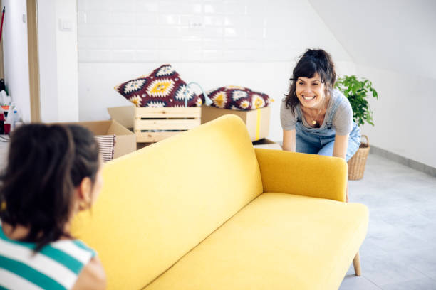 istock Happy twins bringing the new sofa while moving in 1362808597