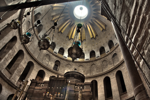 The Rotunda above the Edicule in the Church of the Holy Sepulchre in the old city of Jerusalem, Israel. According to the Catholic Church, this is the place was buried in (and then resurrected) after his crucifixion.