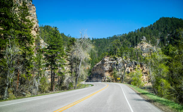 A long way down the road of Spearfish Canyon, South Dakota stock photo