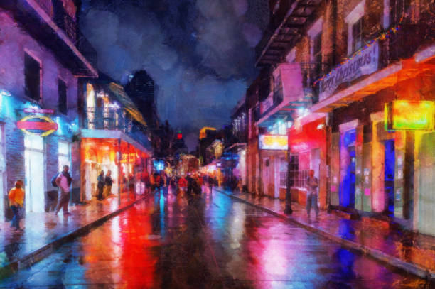 bourbon street french quarter, nueva orleans manipulación digital - nightlife city night rain fotografías e imágenes de stock