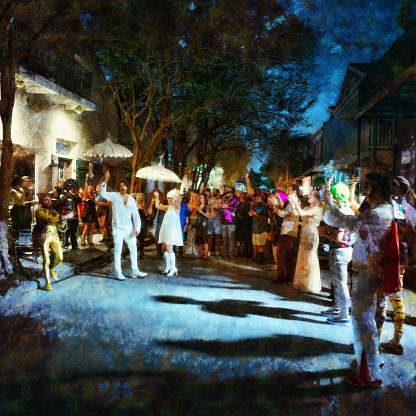People parading on the street of  French Quarter, New Orleans digital manipulation
