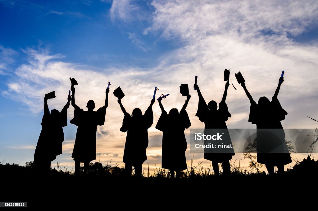 Silhouettes of students Celebration Education Graduation Student Success Learning Concept ceremony at university Graduation Stock Photo