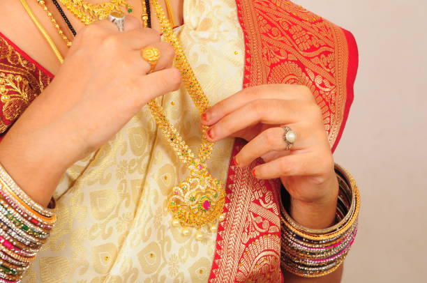 istock Hindu wedding bride holding her necklace 1362823855