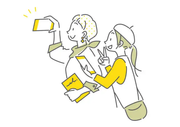 Vector illustration of taking  selfie, traveling girls, simple line illustration