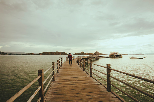 Back view of man walking on boardwalk