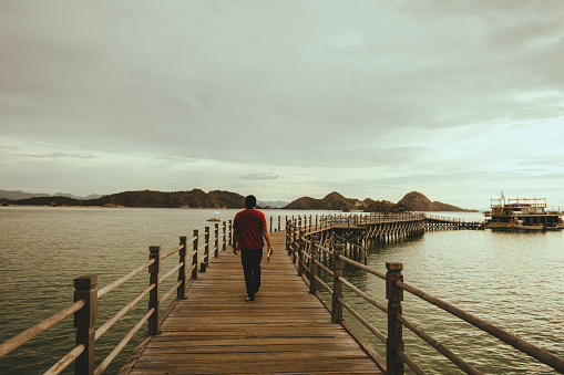 Back view of man walking on boardwalk