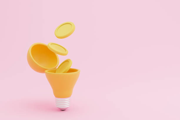 coins gold dropping inside yellow light bulb on pink background. concept of investment in knowledge. 3d rendering illustration - light bulb business wisdom abstract imagens e fotografias de stock
