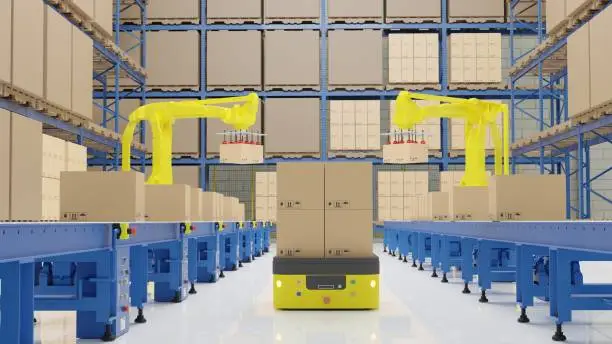 Factory 4.0 concept: The collaboration of industrial robot and AGV (Automated guided vehicle) in smart warehouse. 3D illustration