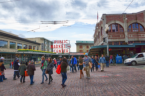 Seattle Washington - March 16th 2013, Its the intersection to Pike Place Market in Downtown Seattle Washington.