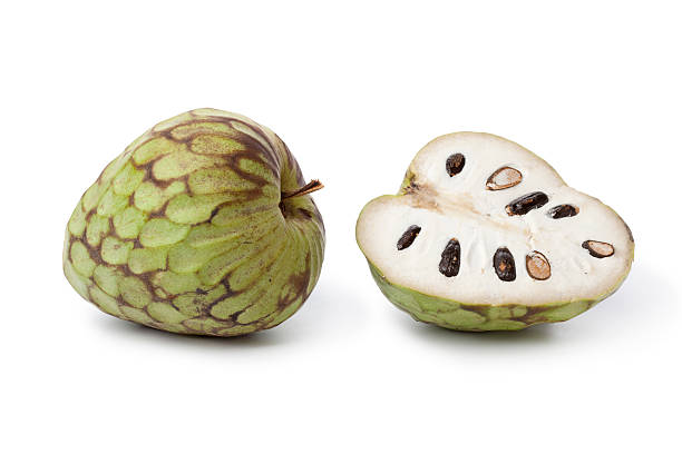 Whole and partial Cherimoya fruit Whole and partial Cherimoya fruit isolated on white background annonaceae stock pictures, royalty-free photos & images