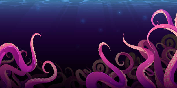 stockillustraties, clipart, cartoons en iconen met octopus tentacles in dark ocean water, kraken - squid games