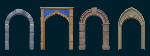 Ancient greek, roman and arabic stone arches Ancient greek, roman and arabic stone arches. Vector cartoon set of old architecture elements, entrance with antique pillars and columns isolated on black background cartoon palace stock illustrations